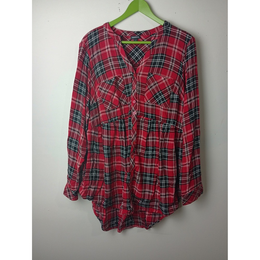 Torrid Womens Plus Size 1 Red Black Plaid Empire Waist Babydoll Tunic Blouse